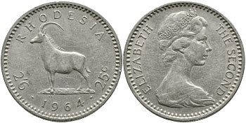 Британская Родезия 2 шиллинга 6 пенсов (25 центов) 1964 Елизавета II (1953-), черная антилопа KM 4 медно-никель 4527-1124