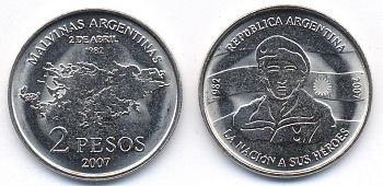Аргентина 2 песо 2007 25 лет оккупации Фолклендских островов KM 144 медно-никель UNC M3-21
