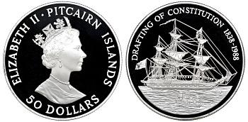 Остров Питкерн 50 долларов 1988 150 лет Конституции (1838-1988), парусник и лодка, вес 155,6 г., тираж 10000 экз. KM 1 серебро PROOF 2-5-2-5