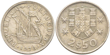 ПОРТУГАЛИЯ 2,5 ЭСКУДО 1978 ПАРУСНИК KM 590 медно-никель 4523-1057