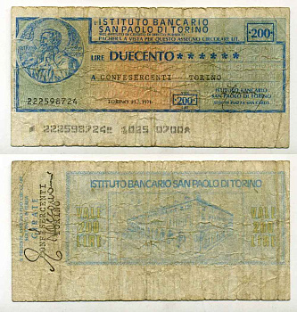 Италия чек на 200 лир 1976 Istituto Bancario san Paolo Di torino, confesercenti torino, 21 января 1976 бумага 8588-9-3-1