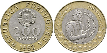 Португалия 200 эскудо 1992 Гарсия Де Орта (1501-1568) KM 655 биметалл 1515-1522