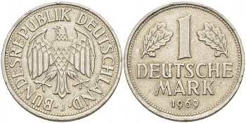 ФРГ 1 МАРКА 1969 J KM 110, J. 385 медно-никель 3718-1133