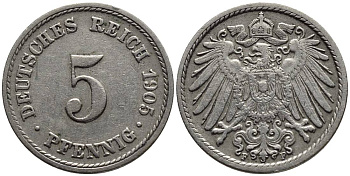 ГЕРМАНИЯ 5 ПФЕННИГОВ 1905 F KM 11, Jager 12, Weege 6 медно-никель 4547-446