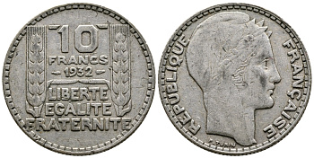 Франция 10 франков 1932 Пьер Тюрен KM 878, Le Franc 360.5 серебро 4683-1044