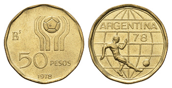 Аргентина 50 песо 1978 Чемпионат мира по футболу, Аргентина 1978 KM 76 алюминиевая бронза UNC 202-916