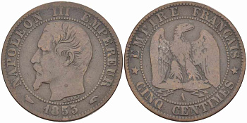 ФРАНЦИЯ 5 САНТИМОВ 1853 A, НАПОЛЕОН III (1852-1870) KM 777.1, LE FRANC 116.1 бронза 108-244