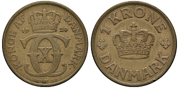 Дания 1 крона 1924 HCN, GJ, редкая KM 824.1 алюминиевая бронза 00-817-01