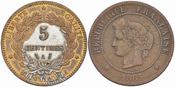 ФРАНЦИЯ 5 САНТИМОВ 1884 А, ТРЕТЬЯ РЕСПУБЛИКА (1871-1940) KM 821.1, LE FRANC 118.27 бронза 108-634