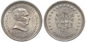 Уругвай 25 сентесимо 1960 KM 40 медно-никель 4576-256