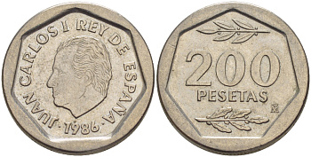 ИСПАНИЯ 200 ПЕСЕТ 1986 ХУАН КАРЛОС I ( 1975-) KM 829 медно-никель 216-512