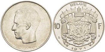 БЕЛЬГИЯ 10 ФРАНКОВ 1971 BELGIE, БОДУЭН I (1951-1993) KM 156.1 никель 38-631
