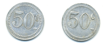 ФРАНЦИЯ 50 САНТИМОВ НАЧАЛО XX ВЕКА d 24 мм, вес около 1,0 гр., платежный жетон алюминий 89-744