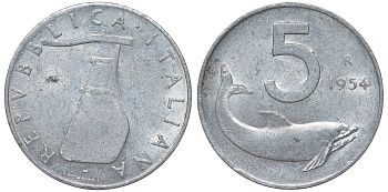 Италия 5 лир 1954 R, дельфин KM 92 алюминий 4164-418