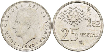 Испания 25 песет 1980 (80) чемпионат мира по футболу в Испании 1982 года, Хуан Карлос I (1975-) KM 818 медно-никель 3334-245