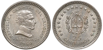 Уругвай 25 сентесимо 1960 KM 40 медно-никель 4169-869