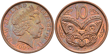 Новая Зеландия 10 центов 2009 маска Маори, Елизавета II (1952-) KM 117а сталь плакированная медью 4179-1256