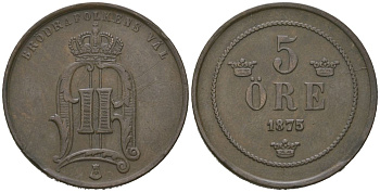 Швеция 5 эре 1875 Оскар II (1872-1907) KM 736 бронза 4175-114