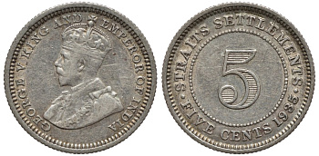 Стрейтс-Сетлментс 5 центов 1935 Георг V (1910-1936) KM 36 серебро 54-557