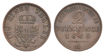Пруссия 2 пфеннига 1869 A, Вильгельм I (1861-1888) KM 481, Jaeger 51, AKS 107, Olding 425 медь 4651-245