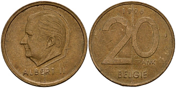 Бельгия 20 франков 1996 Belgie, Альберт II (1994-2013) KM 192 никель бронза 4599-232