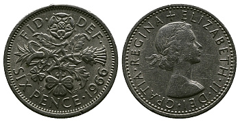 Великобритания 6 пенсов 1966 Елизавета II (1952-2022) KM 903, Spink 4149 медно-никель 4381-842
