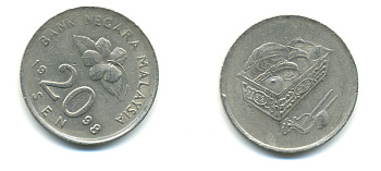 Малайзия 20 сенов 1998 цветок KM 52 медно-никель 3999-637