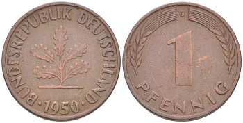 ФРГ 1 ПФЕННИГ 1950 G KM 105, J. 380 сталь плакированная медью 4181-535