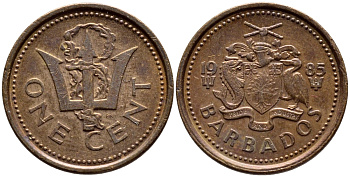 Барбадос 1 цент 1985 сломанный трезубец Британии KM 10 бронза 4396-1263
