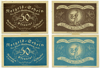 ВАЛЬДЕНБУРГ НАБОР ИЗ 2 БАНКНОТ ПО 50 ПФЕННИГОВ 1921 16 ЯНВАРЯ 1921, НОТГЕЛЬД (ГОЛУБОЙ И КОРИЧНЕВЫЙ), ЗЕМЛЯ СИЛЕЗИЯ Grabowski 1371.10 бумага 2193-17-2-2
