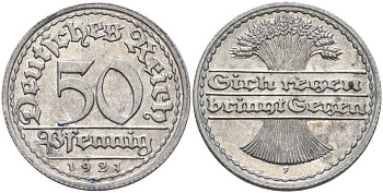 Германия 50 пфеннигов 1921 F KM 27, J.301, Weege 10 алюминий UNC 4584-745