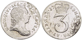 Великобритания 3 пенса 1762 Георг III (1760-1820) KM 591, Spink 3753 серебро 1522-532