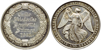 Гамбург медаль 1906 медальер Voigt, ангел с венком и пером в руках, Эмиль Фридидерик, Генриетта Штюмер 1906, диаметр 33,5 мм., вес 14,9 гр серебро PROOFLIKE 11-119-12