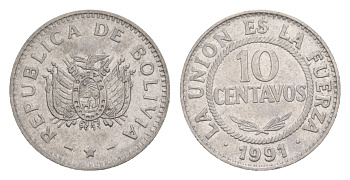 Боливия 10 сентаво 1991 KM 202 нержавеющая сталь 4649-838