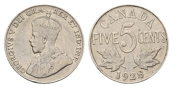 Канада 5 центов 1928 Георг V (1910-1936) KM 29 никель 4679-653