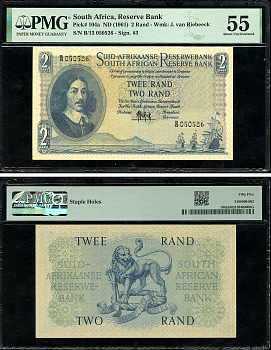 ЮАР 2 ранда ND (1961) Бартоломеус Вермуйден, лев, английский-африкаанс, в слабе PMG 55 About Uncirculated Pick 104 a бумага  aUNC  452-1-17