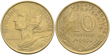 Франция 10 сантимов 1969 тип Марианна KM 929 медь алюминий никель    4594-1157