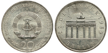 ГДР 20 марок 1990 A, открытие Бранденбургских ворот KM 139a серебро 413-2712