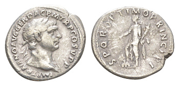 Римская Империя денарий 103-111 Траян, IMP TRAIANO AVG GER DAC P M TR P COS V P P, бюст императора/S P Q R OPTIMO PRINCIPI, Пация, персонификация Мира, попирает поверженную Дакию, Рим RIC 190a серебро 1073-1-75