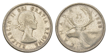 Канада 25 центов 1958 Елизавета II (1952-2022), олень KM 52 серебро 4622-827