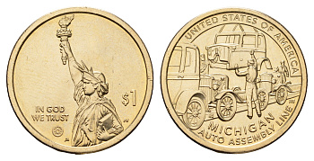 США 1 доллар 2025 Американские инновации - Мичиган. Конвейерная линия для сборки автомобиля KM NEW медь плакированная марганцем латунью UNC 4678-727