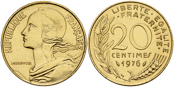 Франция 20 сантимов 1976 тип Марианна KM 930 медь алюминий никель    4153-415