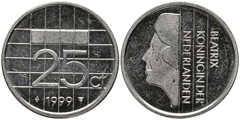 НИДЕРЛАНДЫ 25 ЦЕНТОВ 1999 БЕАТРИКС KM 204 никель 112-749