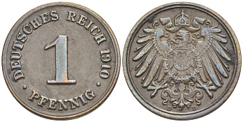 ГЕРМАНИЯ 1 ПФЕННИГ 1910 D KM 10, Jager. 10, Weege 2 медь 4528-1262