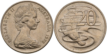 Австралия 20 центов 1975 Елизавета II (1952-2022), утконос KM 66 медно-никель 4599-343