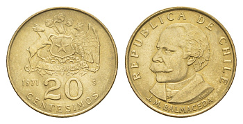 Чили 20 сентесимо 1971 KM 195 алюминиевая бронза UNC 4655-915
