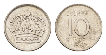 Швеция 10 эре 1960 TS Густав VI Адольф (1950-1973) KM 823 серебро 4124-822