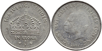 Швеция 1 крона 2003 Карл XVI Густав (1973- ) KM 894 медно-никель 3999-1257