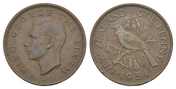 Новая Зеландия 1 пенни 1951 Георг VI (1936-1952), новозеландский туи KM 21 бронза 88-234
