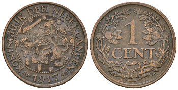 Нидерланды 1 цент 1917 Вильгельмина (1890-1948) KM 152 бронза 4152-253